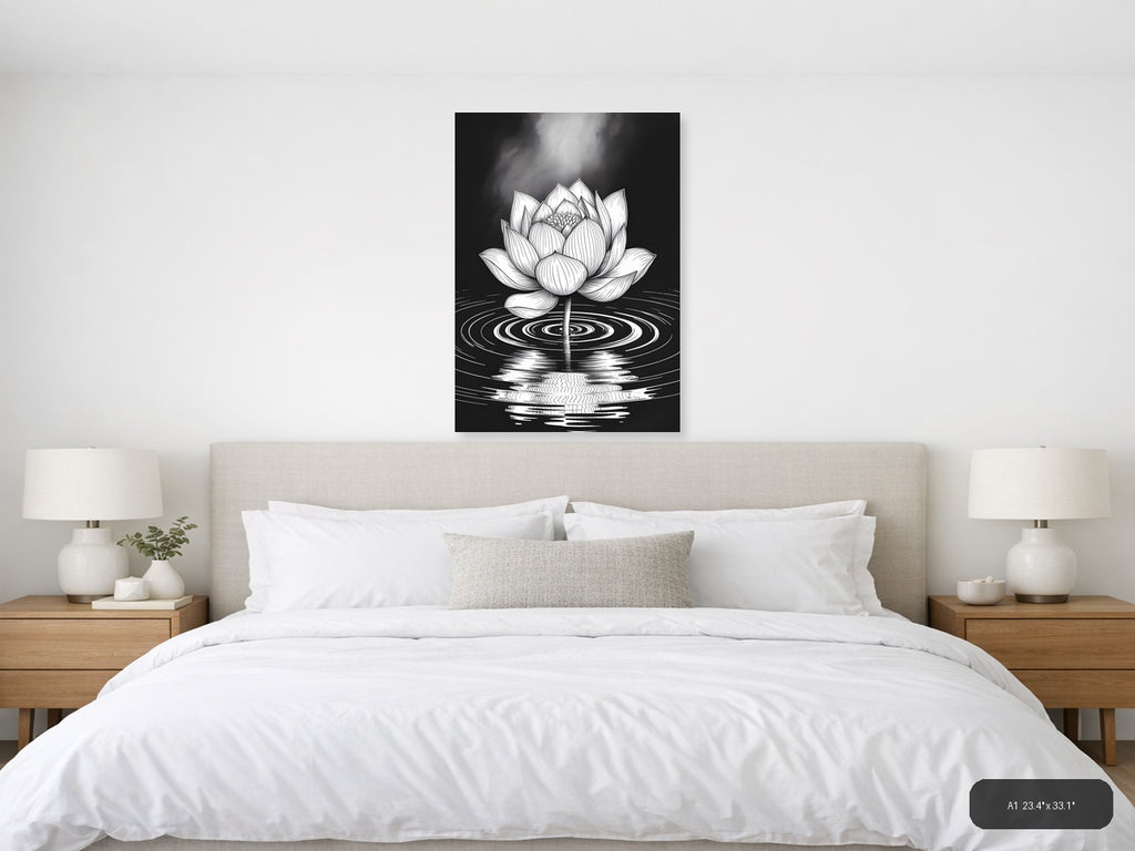 Lotus Flower Ripples Black & White Line Art Wall Art — A1 / Bedroom