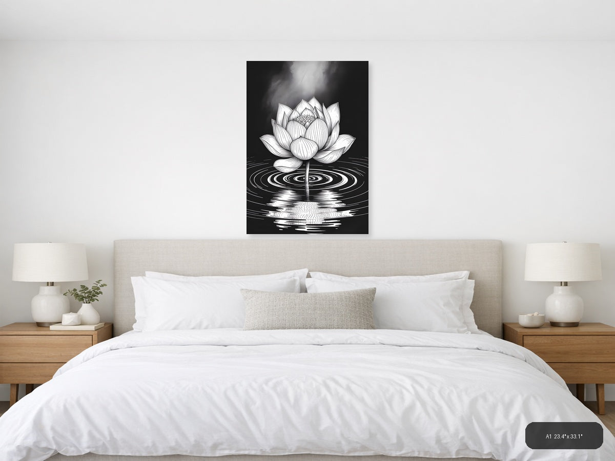 Lotus Flower Ripples Black & White Line Art Wall Art — A1 / Bedroom
