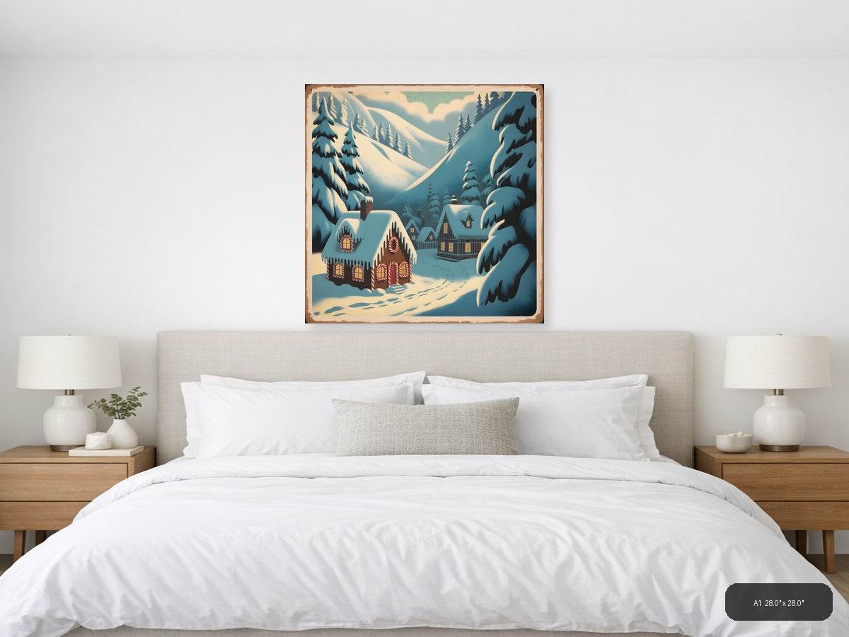 Vintage Gingerbread House Winter Mountain Scene Wall Art — A1 / Bedroom