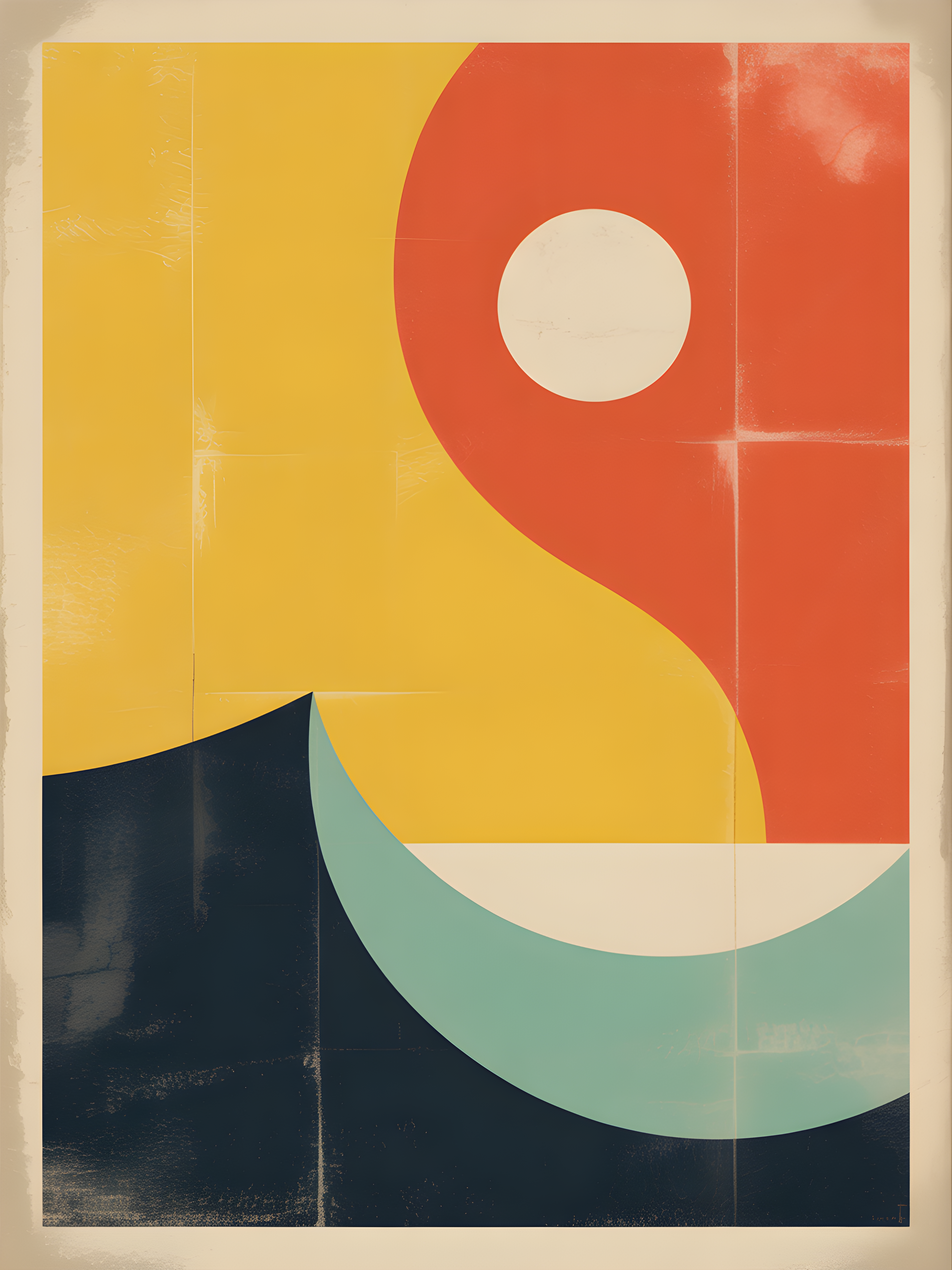 Vintage Geometric Sun and Wave Abstract Portrait Wall Art