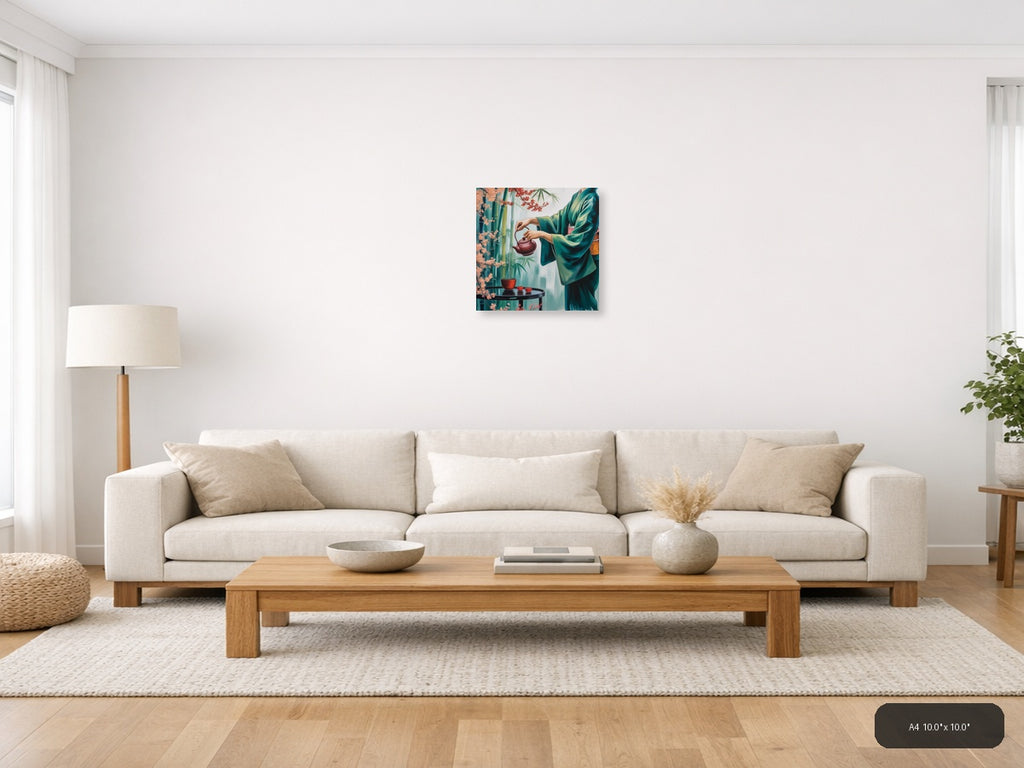 Asian Tea Ceremony Green Silk Wall Art — A4 / Living Room