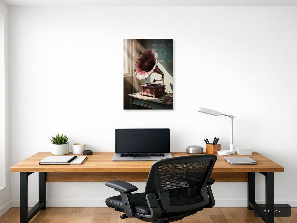 Vintage Gramophone with Floral Wallpaper Wall Art — A2 / Office