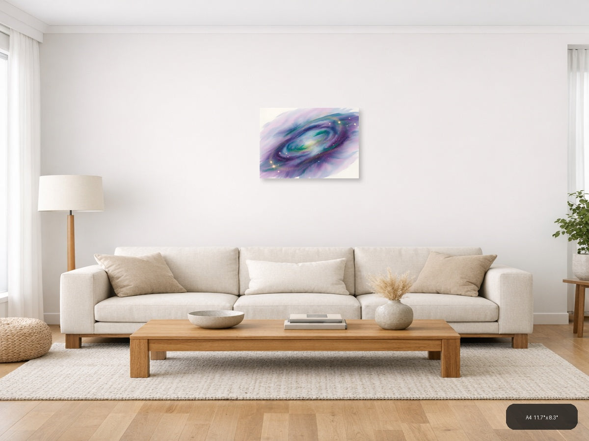 Cosmic Galaxy Watercolor Swirl Purple Green Wall Art — A4 / Living Room