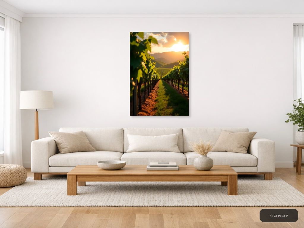 Golden Sunset Vineyard Rows Photography Wall Art — A1 / Living Room