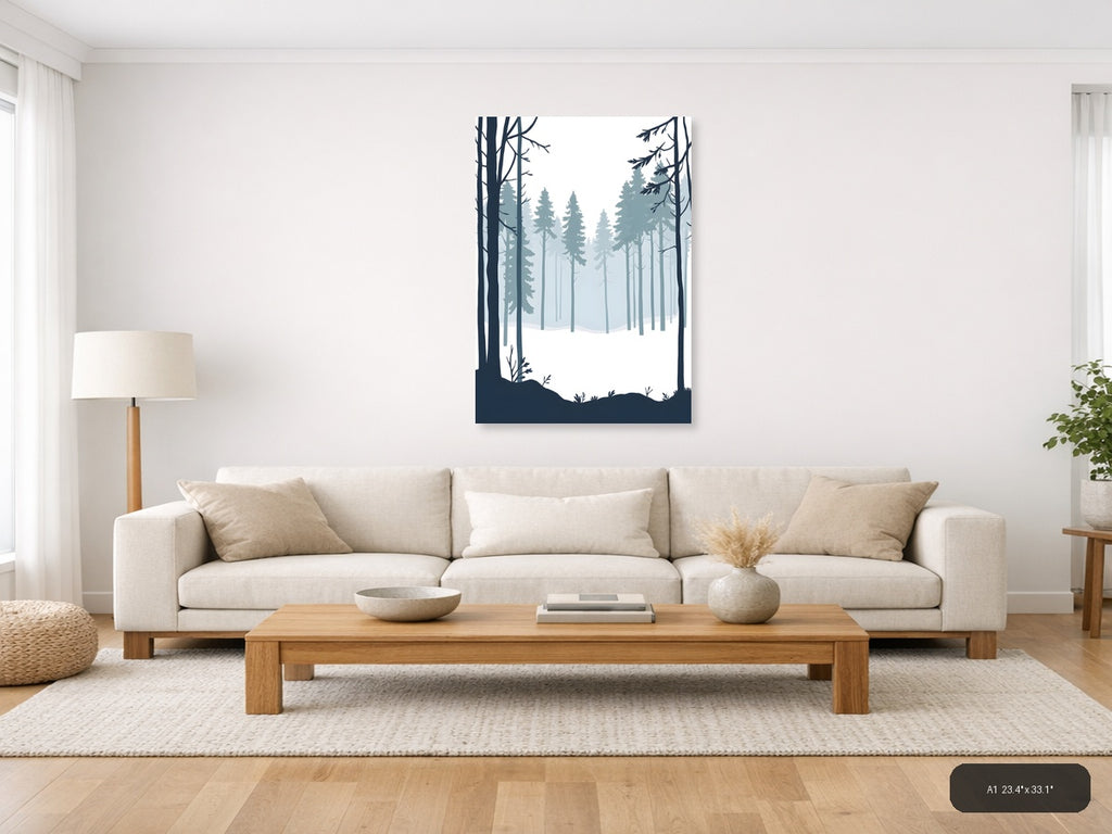 Minimalist Winter Forest Landscape Silhouette Wall Art — A1 / Living Room