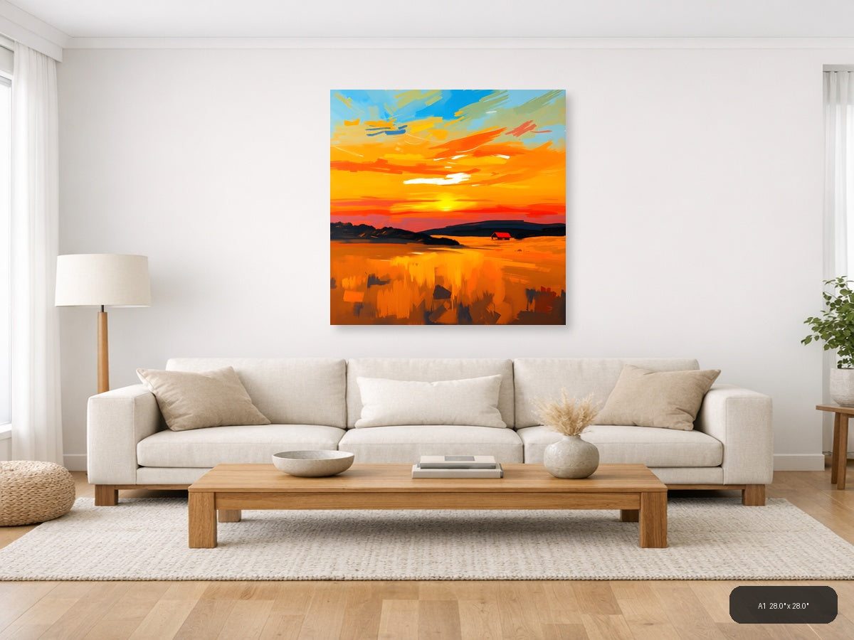 Abstract Sunset Landscape with Red Barn Wall Art — A1 / Living Room