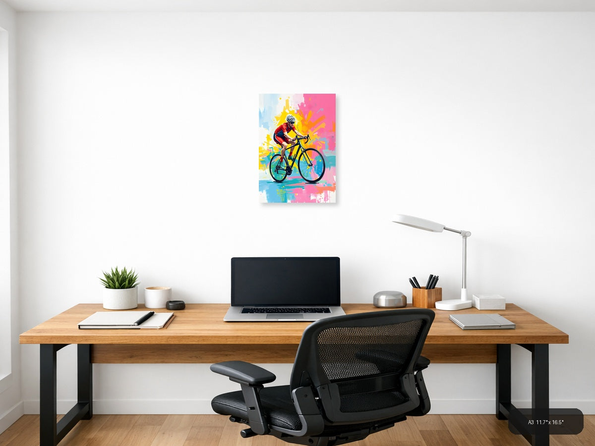 Cyclist in Motion Abstract Splatter Wall Art — A3 / Office