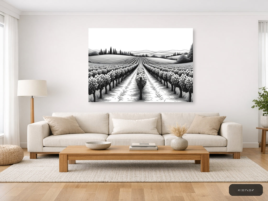 Tuscan Vineyard Landscape Line Art Wall Art — A1 / Living Room