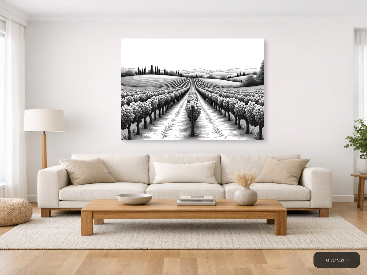 Tuscan Vineyard Landscape Line Art Wall Art — A1 / Living Room