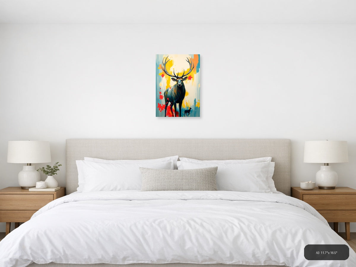 Abstract Deer with Antlers - Modern Yellow & Red Wall Art — A3 / Bedroom
