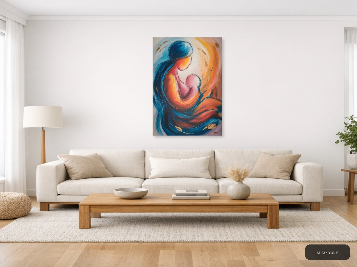Abstract Mother and Child Embrace Blue Orange Wall Art — A1 / Living Room