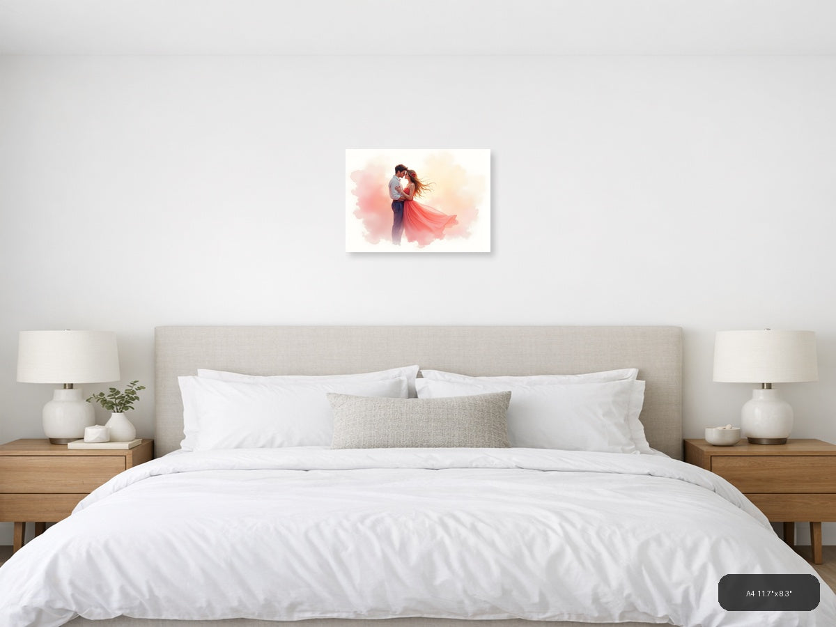 Romantic Couple Watercolor Illustration Wall Art — A4 / Bedroom