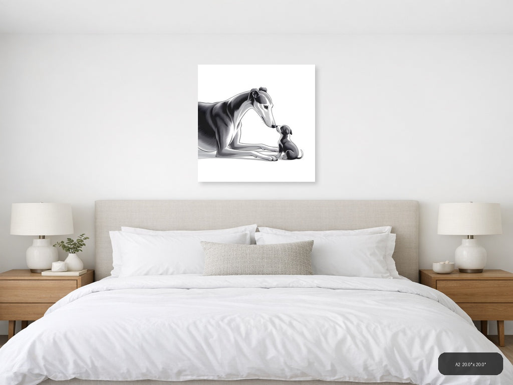 Large Dog and Puppy Minimalist Black White Wall Art — A2 / Bedroom