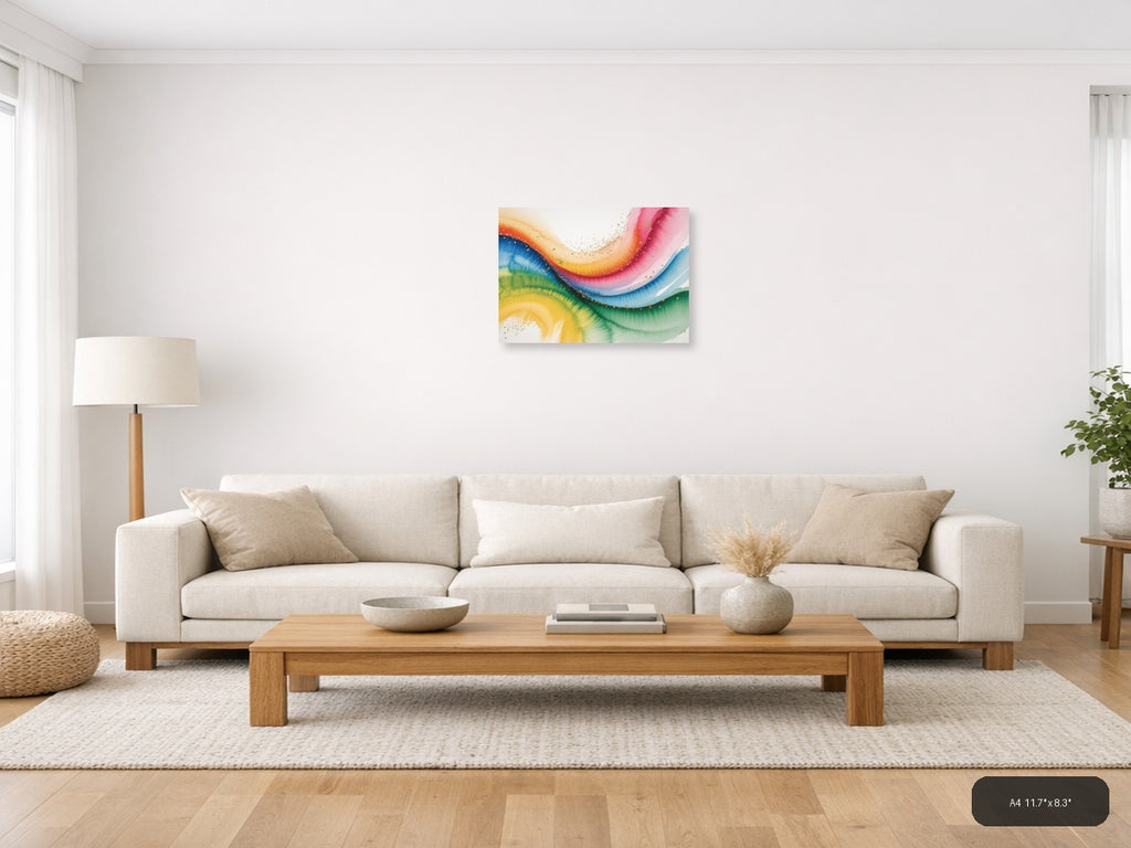 Rainbow Watercolor Flow Gold Splatter Wall Art — A4 / Living Room