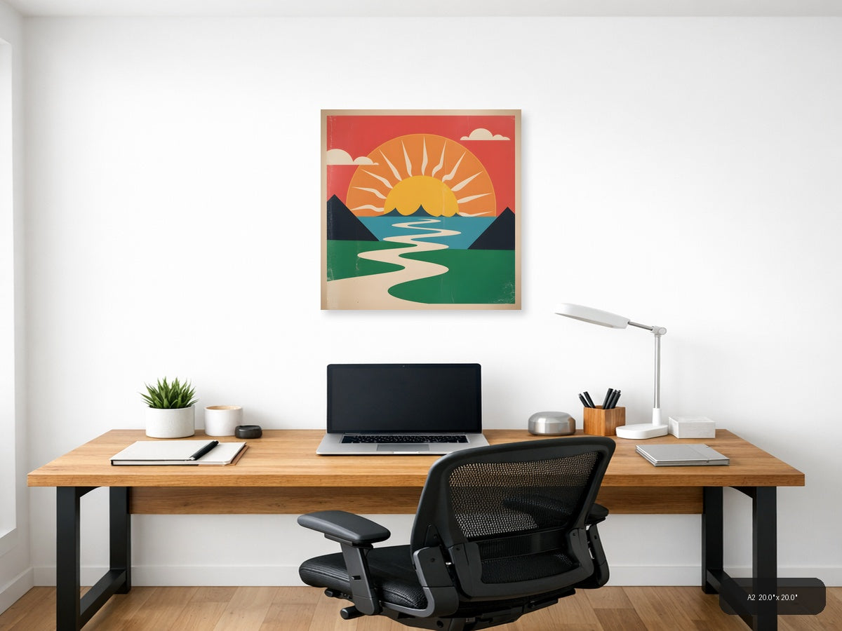 Vintage Sunset Landscape with River - Retro Wall Art — A2 / Office