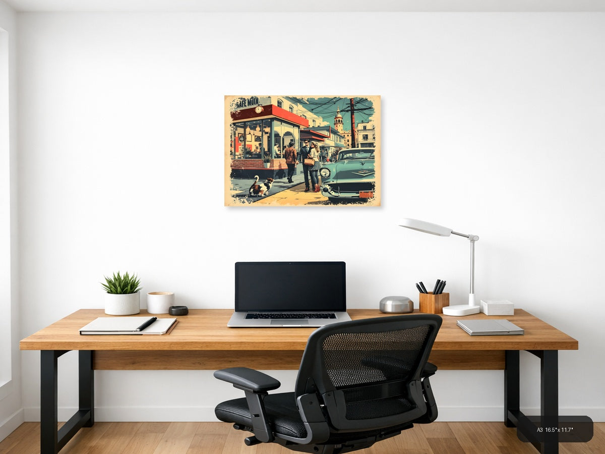 Vintage Café Street Scene with Retro Car Wall Art — A3 / Office