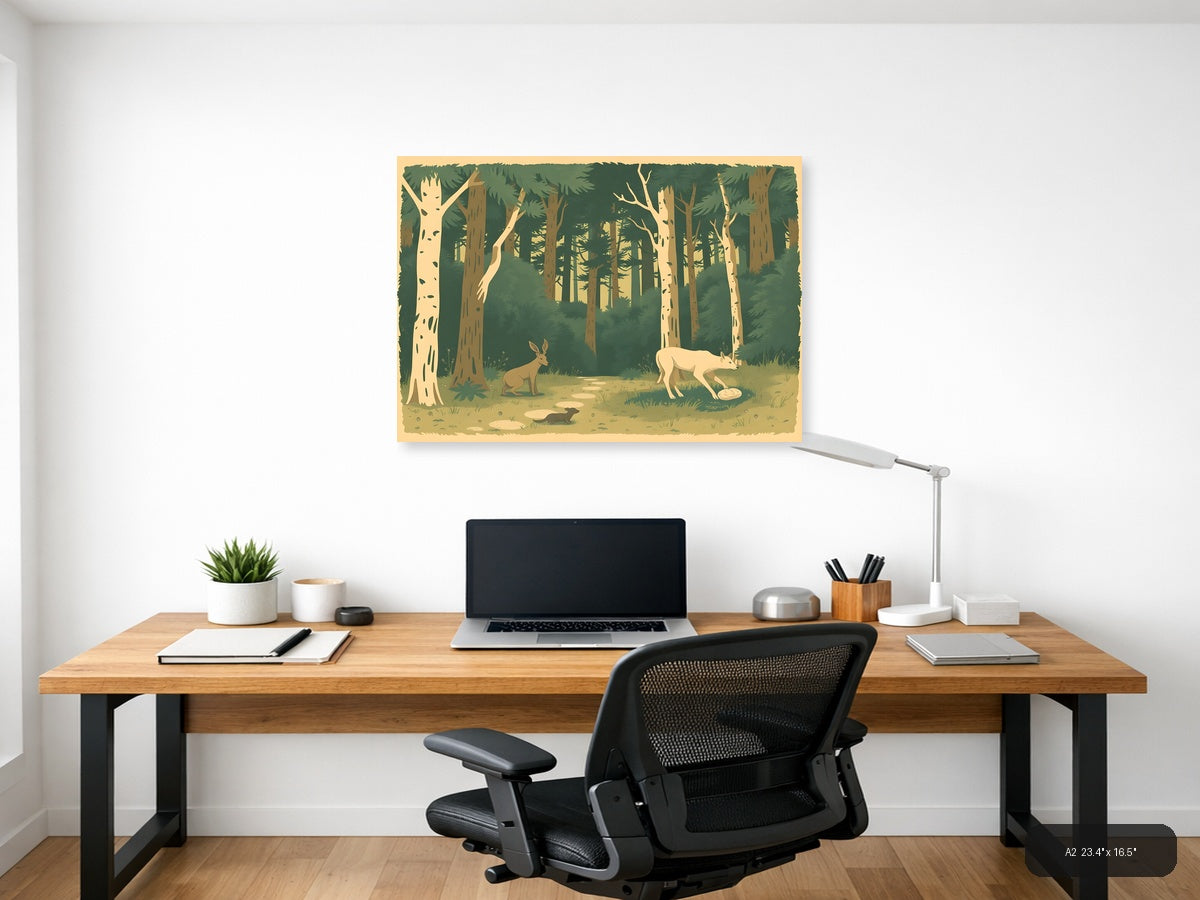 Vintage Forest Wildlife Landscape Wall Art — A2 / Office