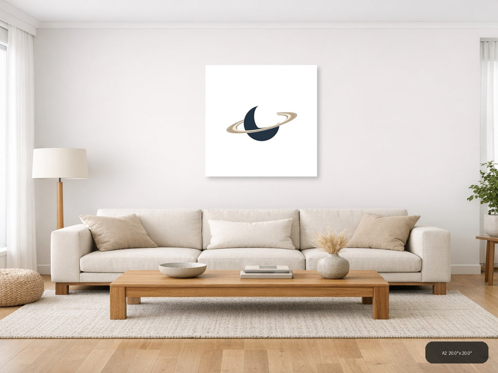 Minimalist Planet with Rings Dark Blue Wall Art — A2 / Living Room