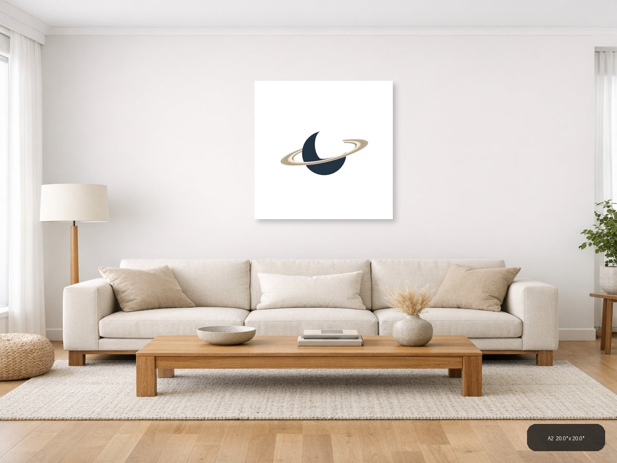 Minimalist Planet with Rings Dark Blue Wall Art — A2 / Living Room