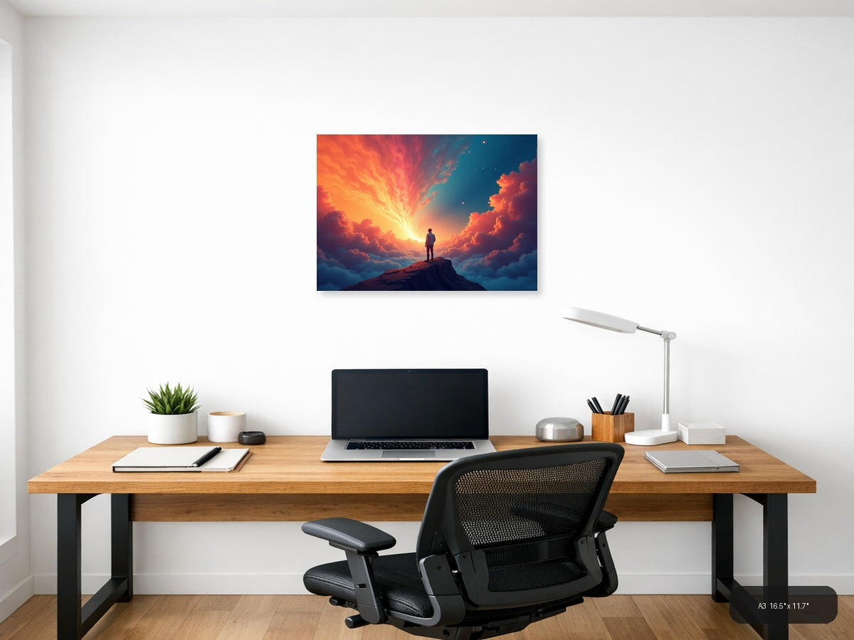 Sunset Sky Abstract Figure on Mountain Peak Wall Art — A3 / Office
