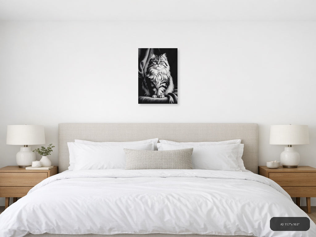 Fluffy Long-Haired Tabby Cat Portrait Photography Wall Art — A3 / Bedroom