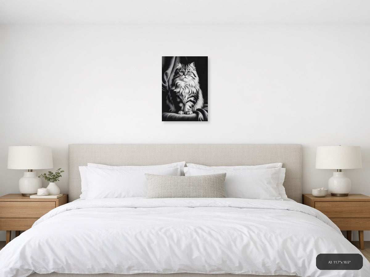 Fluffy Long-Haired Tabby Cat Portrait Photography Wall Art — A3 / Bedroom