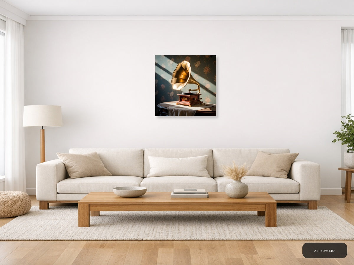 Vintage Gramophone Golden Horn Illustration Wall Art — A3 / Living Room