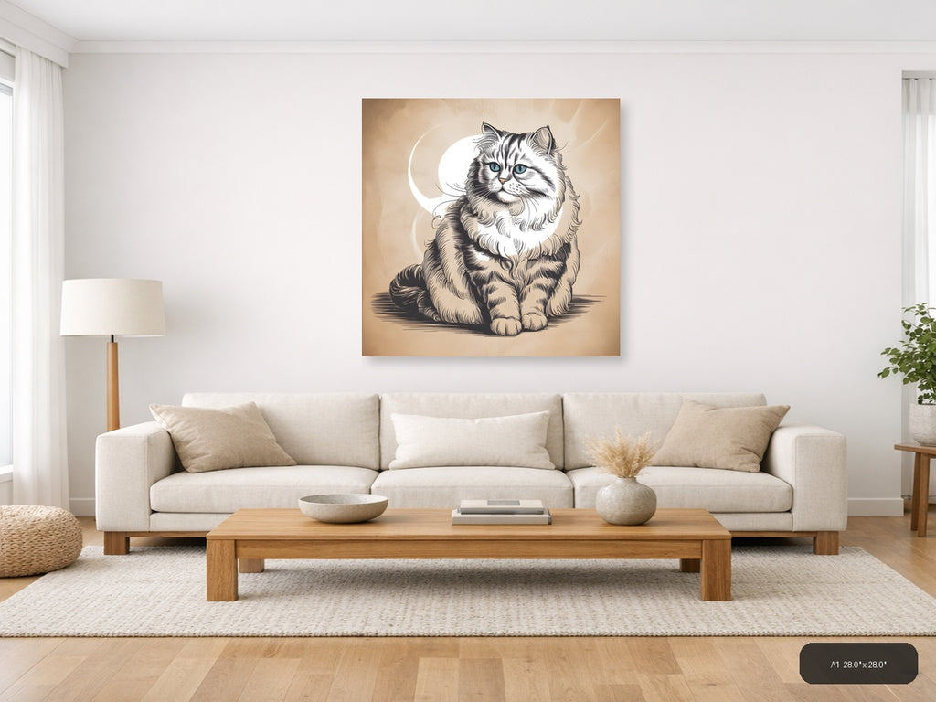 Fluffy Long-Haired Cat with Blue Eyes Line Art Wall Art — A1 / Living Room