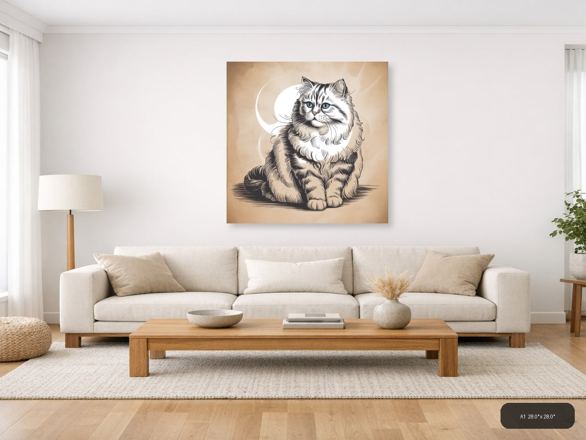 Fluffy Long-Haired Cat with Blue Eyes Line Art Wall Art — A1 / Living Room