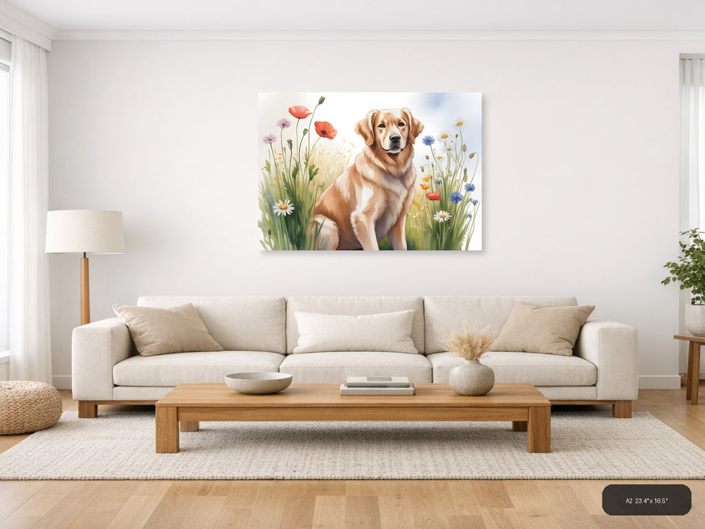 Golden Retriever in Wildflower Field Watercolor Wall Art — A2 / Living Room