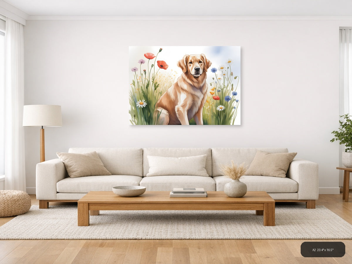 Golden Retriever in Wildflower Field Watercolor Wall Art — A2 / Living Room