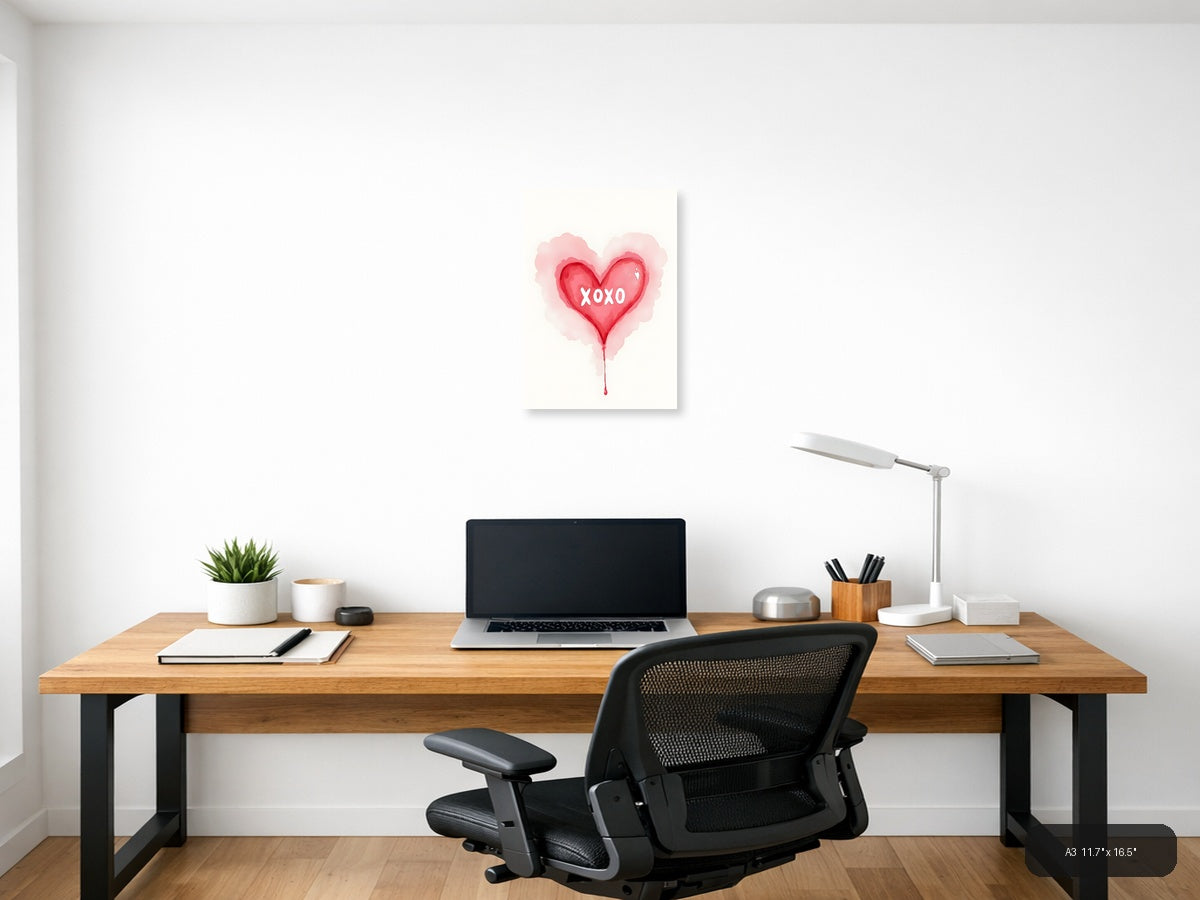 XOXO Red Heart Watercolor Wall Art — A3 / Office