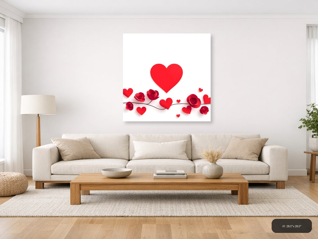 Minimalist Red Hearts and Roses Floral Wall Art — A1 / Living Room