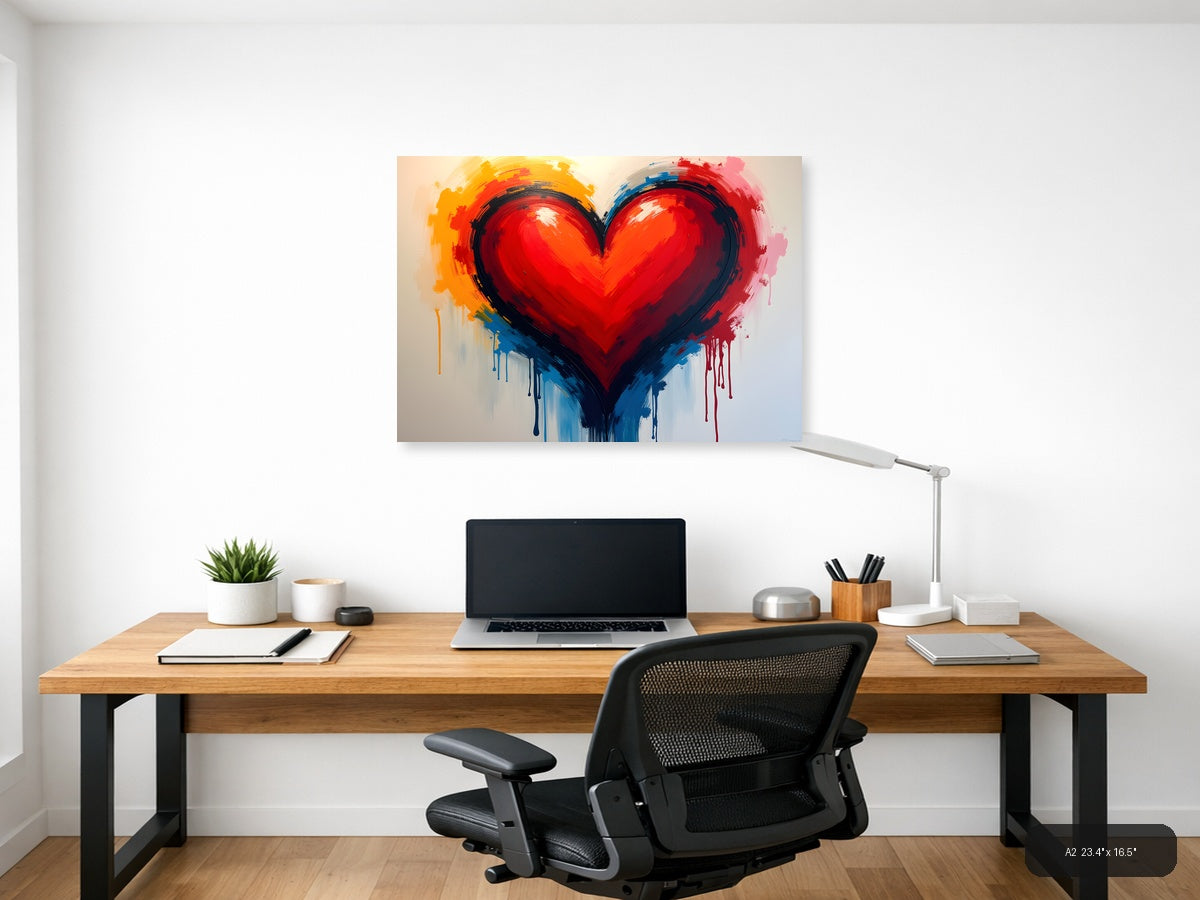Abstract Red Heart with Colorful Drip Abstract Wall Art — A2 / Office
