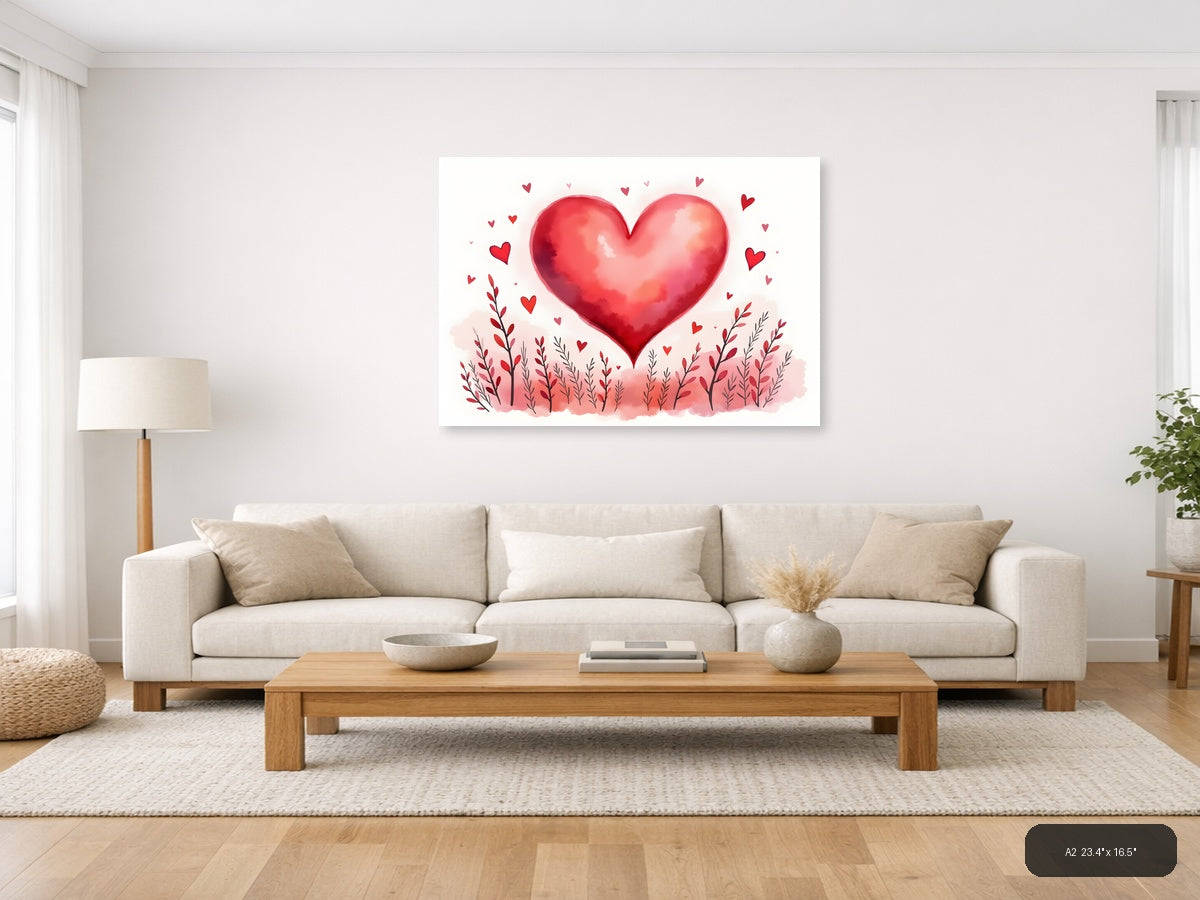 Red Watercolor Heart with Floral Field Wall Art — A2 / Living Room