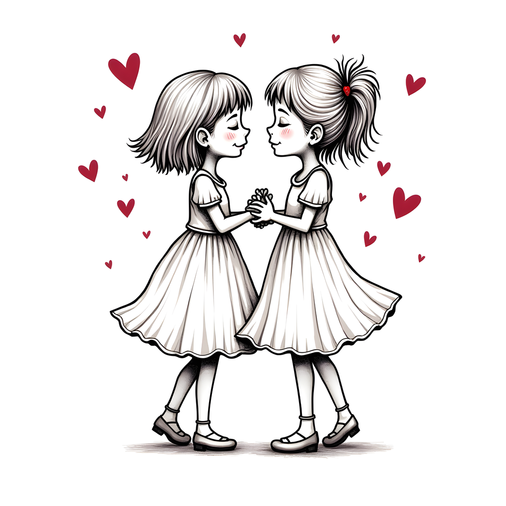 Two Girls Holding Hands Line Art with Hearts Wall Art