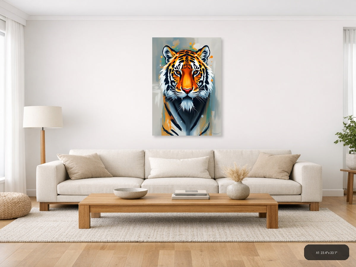 Abstract Tiger Head Portrait Orange Black Wall Art — A1 / Living Room