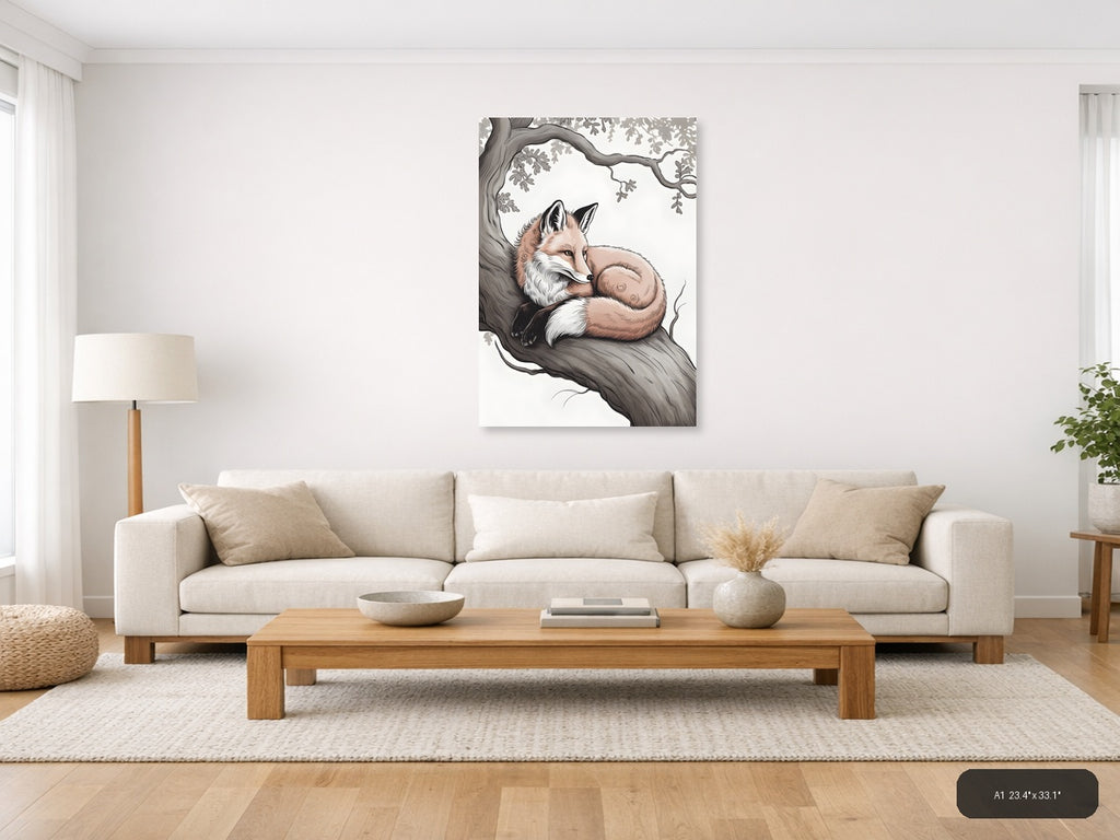 Resting Fox Under Oak Tree Line Art Wall Art — A1 / Living Room