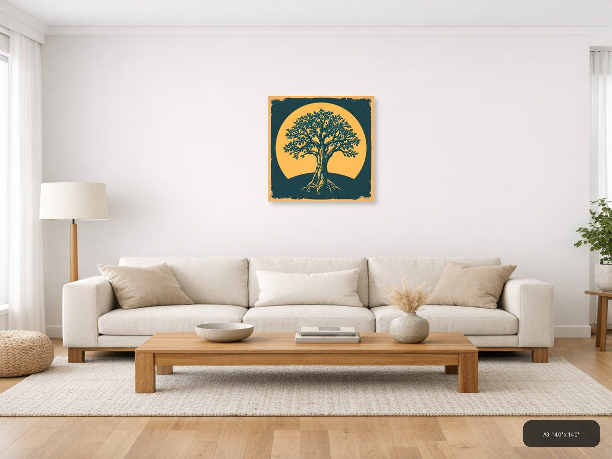 Vintage Tree of Life Against Golden Sun Wall Art — A3 / Living Room
