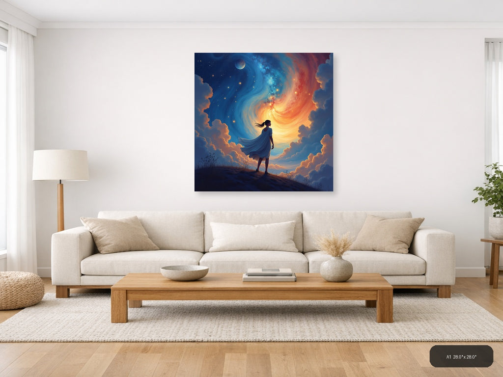 Woman Gazing at Cosmic Spiral Abstract Wall Art — A1 / Living Room