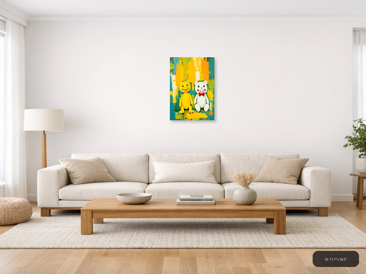 Yellow & White Smiling Bears Abstract Colorful Wall Art — A3 / Living Room