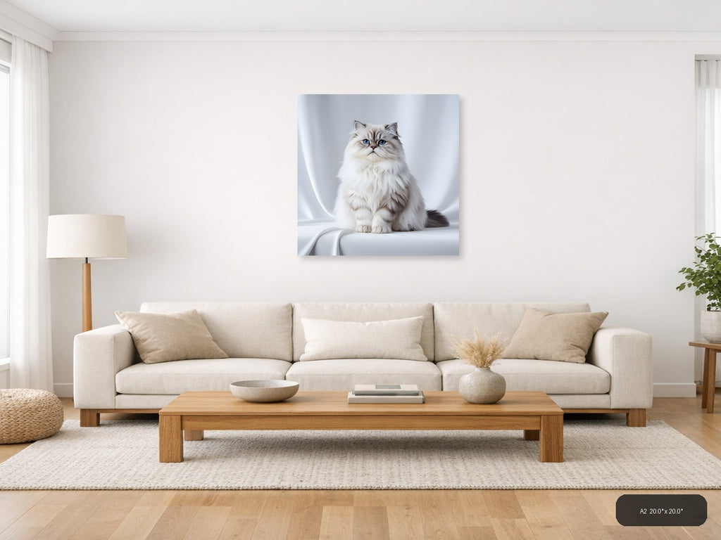 Minimalist White Persian Cat Blue Eyes Square Wall Art — A2 / Living Room