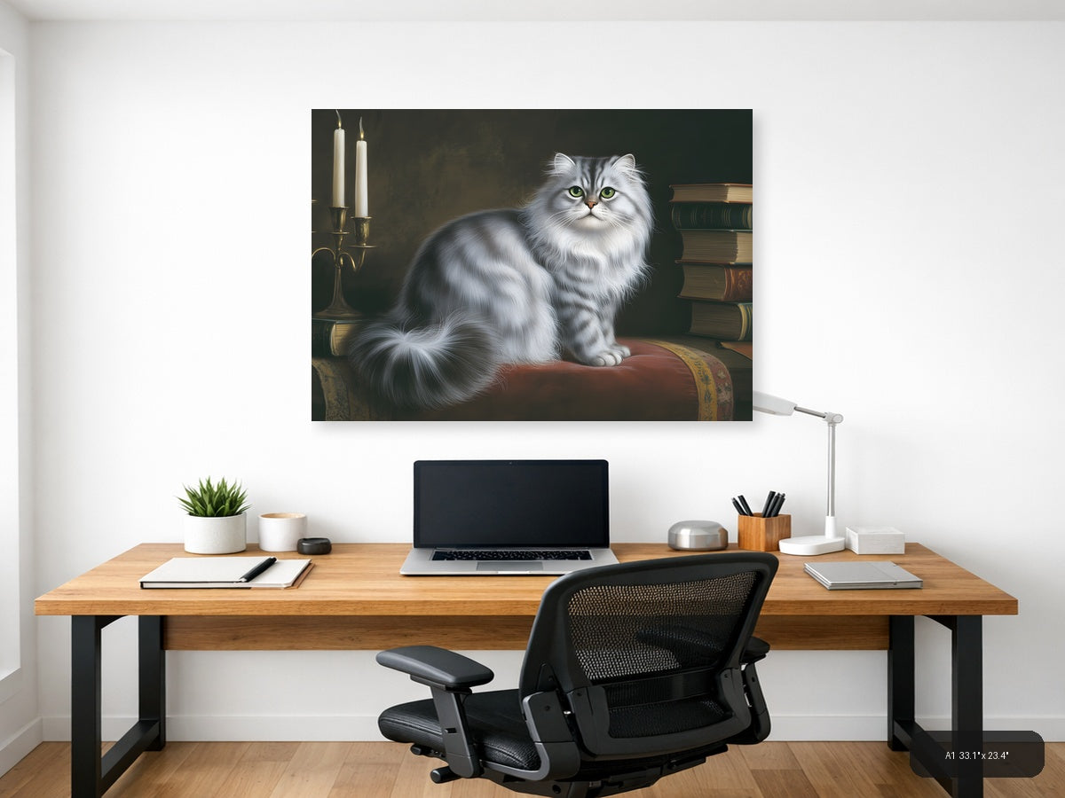 White Fluffy Cat with Green Eyes Portrait Photography Wall Art — A1 / Office