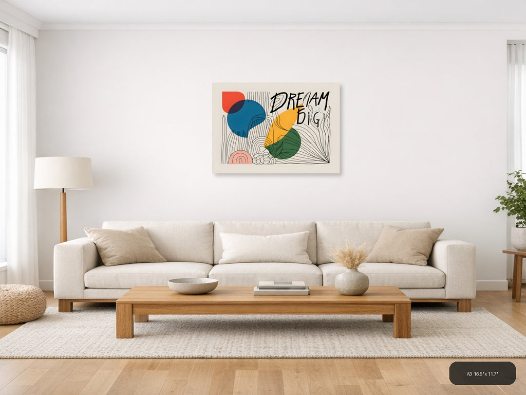 Dream Big Line Art with Colorful Geometric Shapes Wall Art — A3 / Living Room
