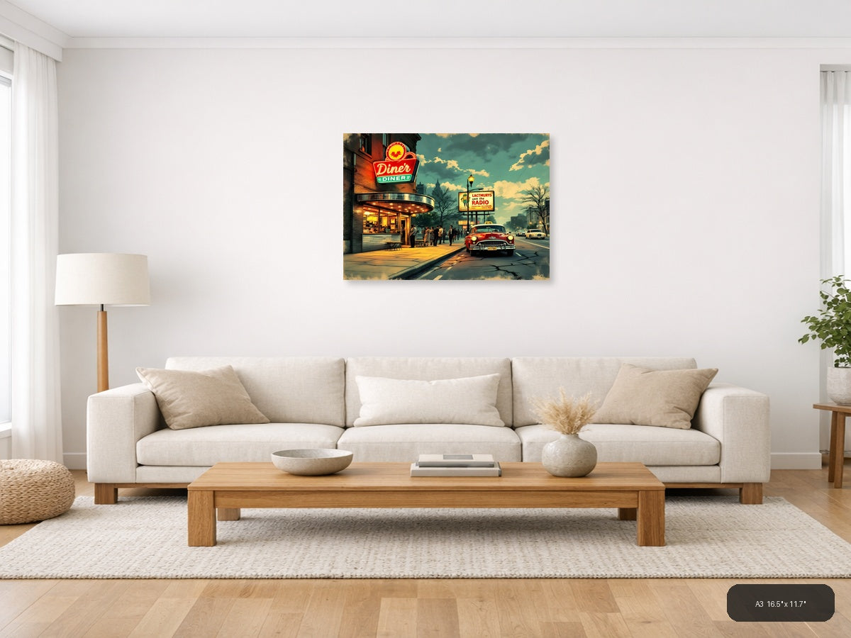 Vintage Diner Street Scene Retro Americana Wall Art — A3 / Living Room