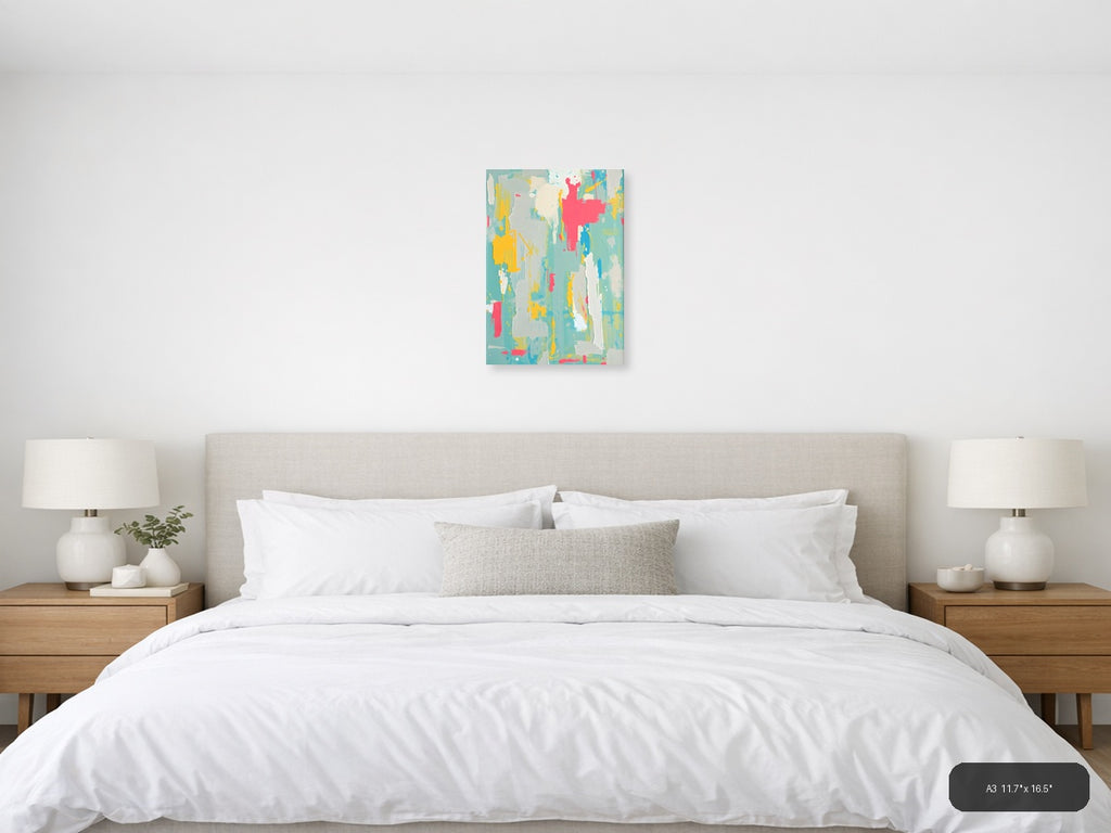 Vibrant Abstract Splatter Turquoise Yellow Pink Wall Art — A3 / Bedroom