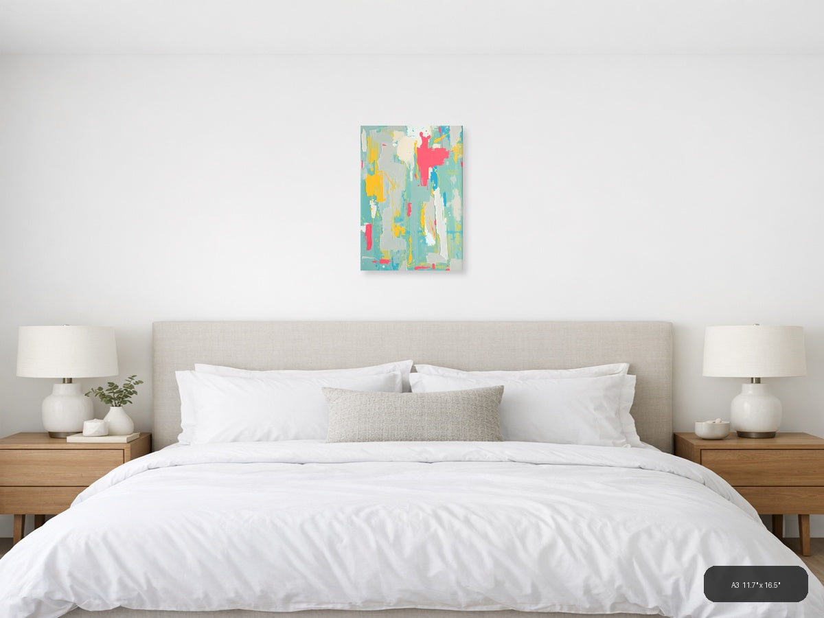 Vibrant Abstract Splatter Turquoise Yellow Pink Wall Art — A3 / Bedroom