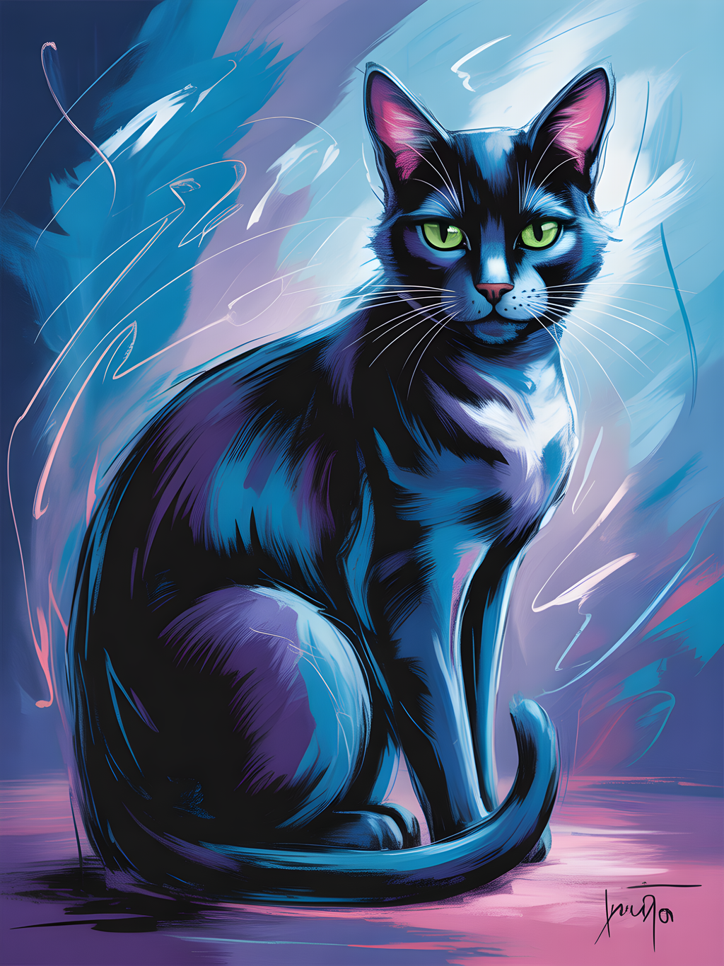 Abstract Blue Cat with Neon Eyes Portrait Wall Art