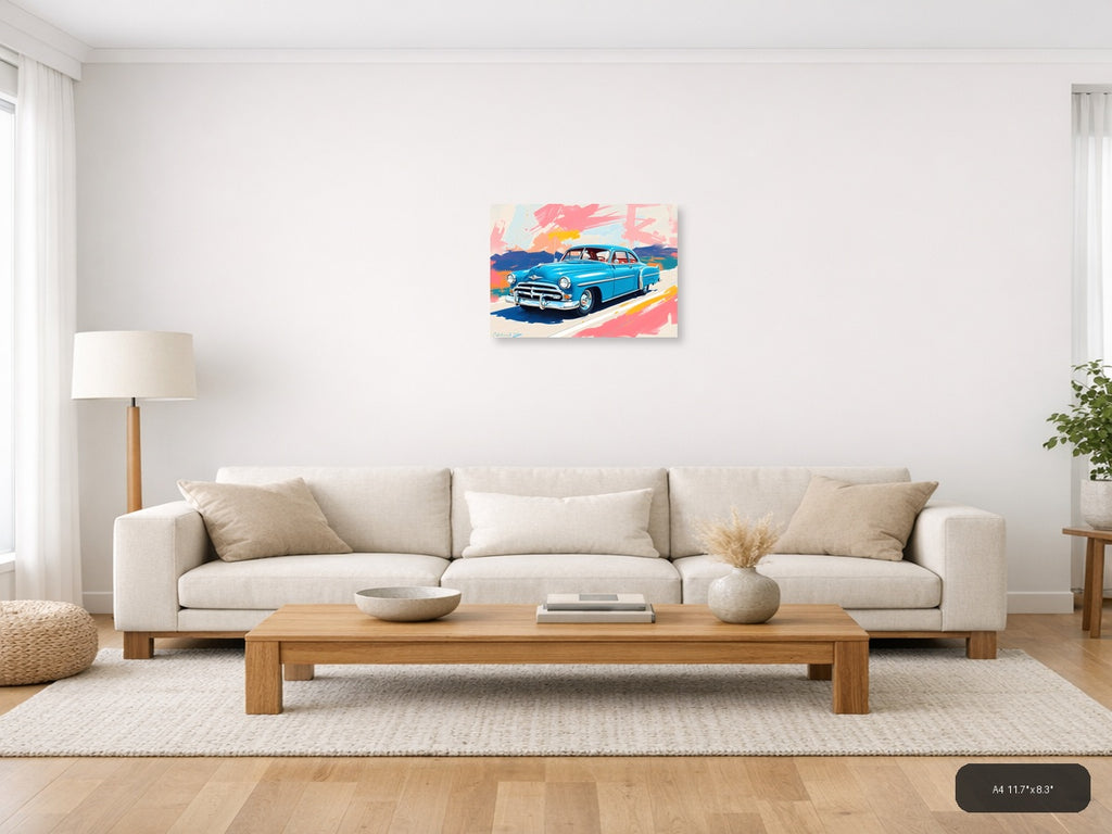 Blue Vintage Car Abstract Brushstrokes Wall Art — A4 / Living Room