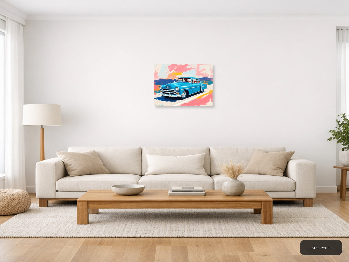 Blue Vintage Car Abstract Brushstrokes Wall Art — A4 / Living Room
